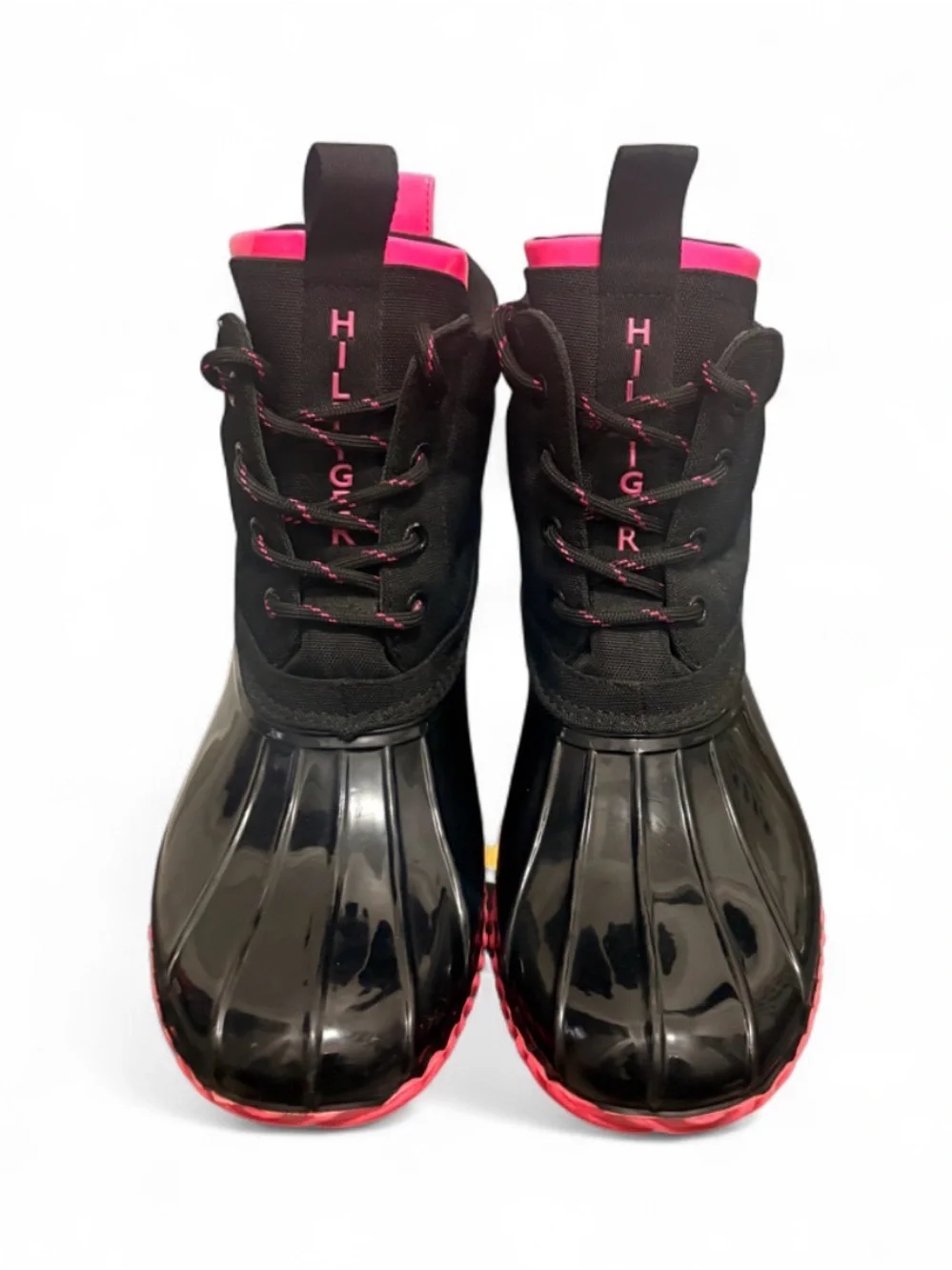 Tommy Hilfiger Black and Pink Glossy Waterproof Lace-Up Rain Boots